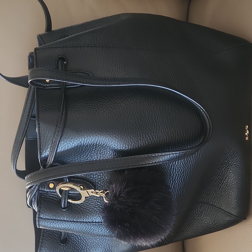 Ralph Lauren Black Pebbled Leather Tote with Pom Charm